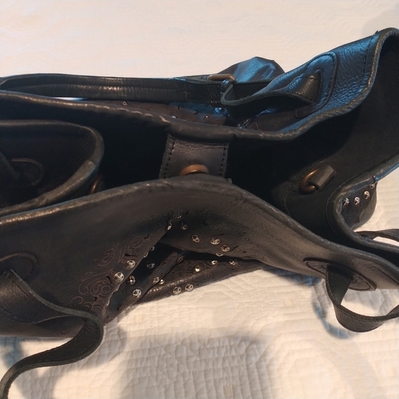 Platania Studded Lazer Cut Black Italian Leather Satchel with Swirl Design - Picture 12 of 14